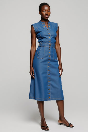 Grey Blue A Line Midi Work Dress